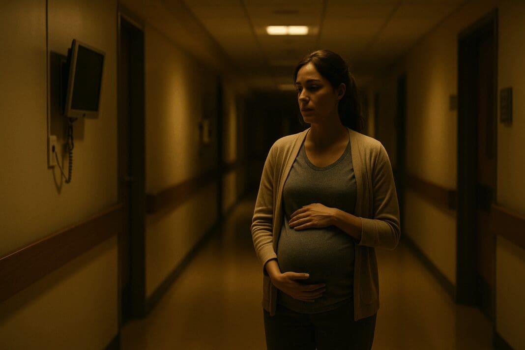 Pregnant woman in a quiet hospital hallway at night, gently holding her belly, portraying when your water broke but no contractions start