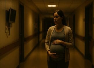 Pregnant woman in a quiet hospital hallway at night, gently holding her belly, portraying when your water broke but no contractions start