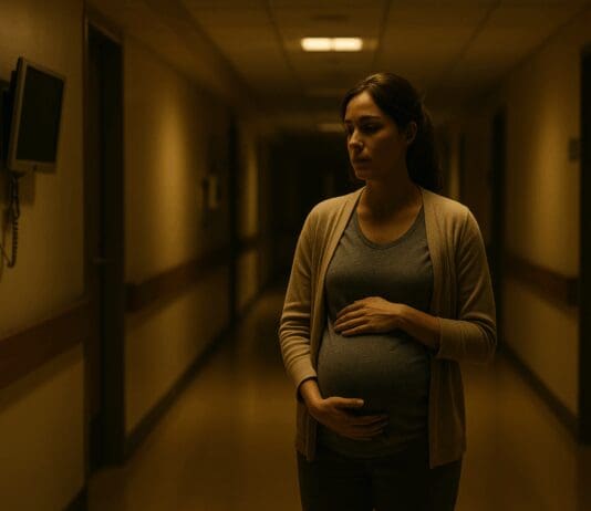 Pregnant woman in a quiet hospital hallway at night, gently holding her belly, portraying when your water broke but no contractions start
