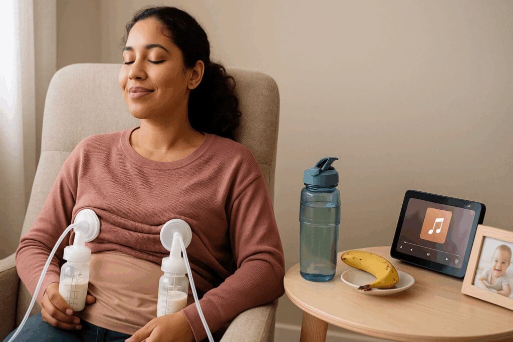 Calm mother using a breast pump in a cozy space with water, snack, and baby photo nearby, illustrating why does pumping make me tired.