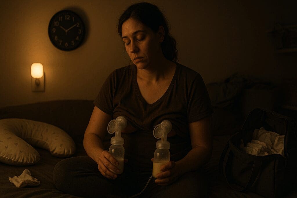 Exhausted mother slouched on a bed at 3 a.m. using a breast pump, illustrating why does pumping make me tired through sleep-deprived posture and dim lighting.
