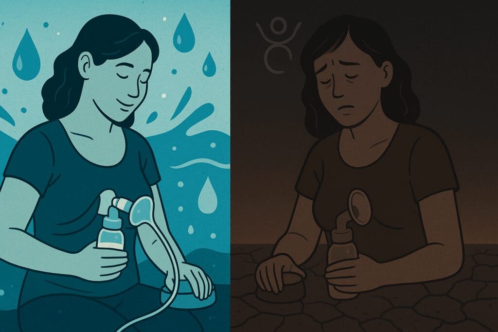 Split scene showing a woman pumping breast milk; one side vibrant and hydrated, the other side dry and fatigued—illustrating why does pumping make me tired.