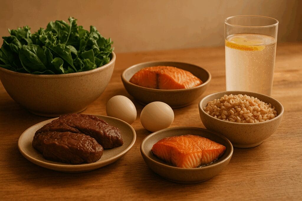 Nutrient-rich postpartum meal with leafy greens, salmon, eggs, whole grains, and electrolytes—supports energy when pumping feels exhausting; why does pumping make me tired.