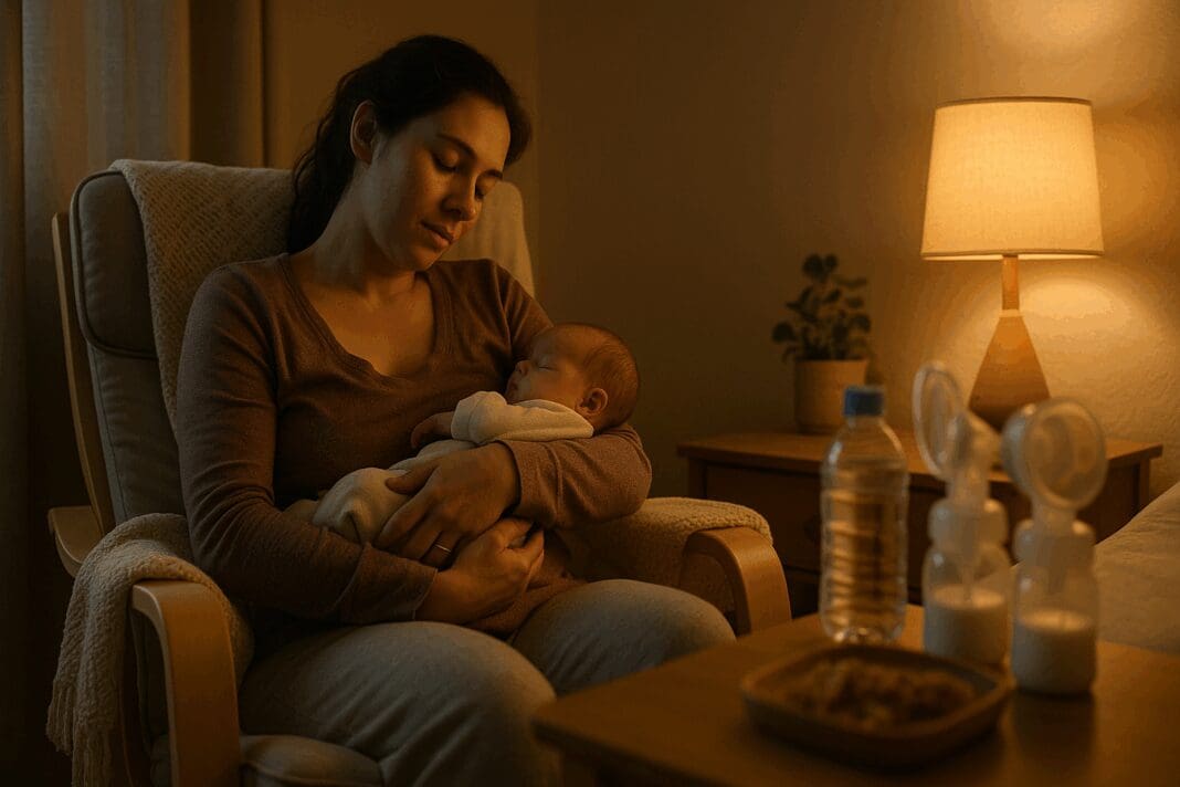 Tired new mom cradling her baby beside a breast pump at night, illustrating why does pumping make me tired