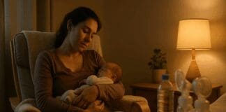 Why Does Pumping Make Me Tired? Vital Insights for New Moms Navigating Breastfeeding Fatigue Tired new mom cradling her baby beside a breast pump at night, illustrating why does pumping make me tired