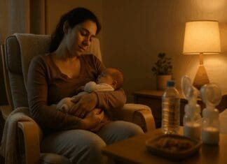 Why Does Pumping Make Me Tired? Vital Insights for New Moms Navigating Breastfeeding Fatigue Tired new mom cradling her baby beside a breast pump at night, illustrating why does pumping make me tired