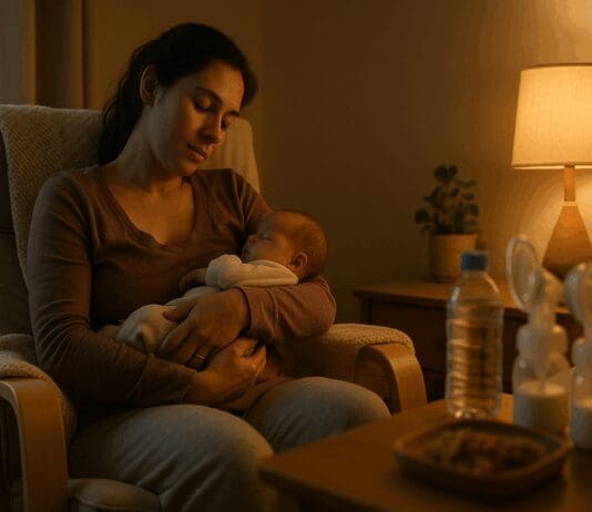 Tired new mom cradling her baby beside a breast pump at night, illustrating why does pumping make me tired