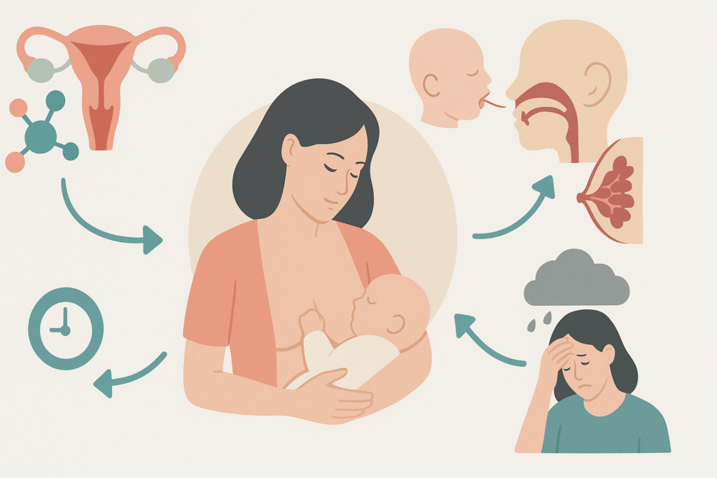 Medical infographic visually exploring clinical reasons why it is so hard to breastfeed, including hormone imbalance, IGT, tongue-tie, and postpartum depression.