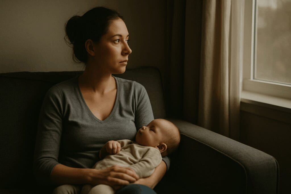 Mother sitting quietly on a sofa beside her baby, gazing out the window in a moment of reflection, capturing the emotional complexity of why is it so hard to breastfeed.