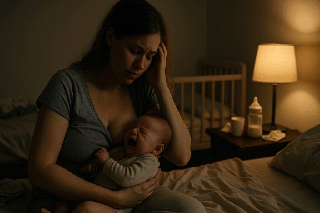 Exhausted mother struggling to breastfeed her crying baby at night, illustrating why is it so hard to breastfeed.