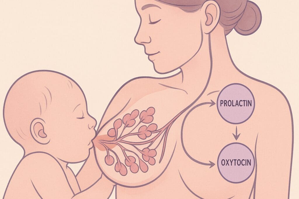 Mother breastfeeding baby with semi-transparent overlay showing breast anatomy and hormones prolactin and oxytocin, illustrating why is it so hard to breastfeed