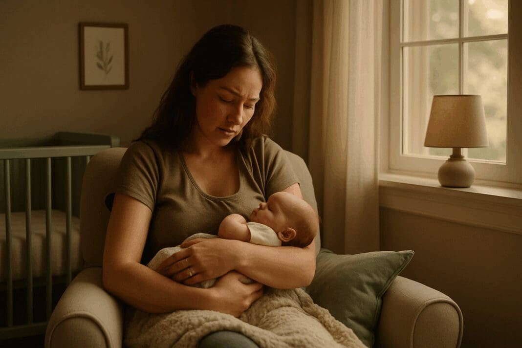 Mother gently cradling newborn in a softly lit nursery, capturing the emotional nuance of early parenthood and illustrating why it is so hard to breastfeed.