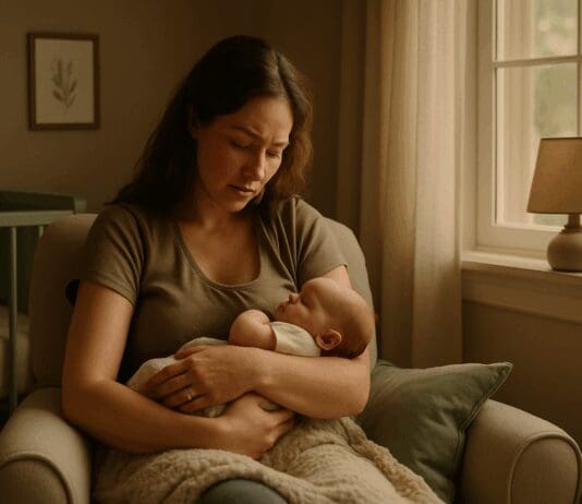 Mother gently cradling newborn in a softly lit nursery, capturing the emotional nuance of early parenthood and illustrating why it is so hard to breastfeed.