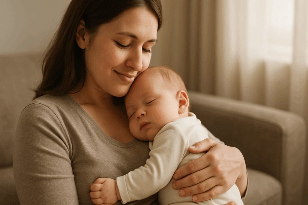 Mother cradling her sleeping newborn in a softly lit living room, symbolizing concern about why is my milk supply decreasing