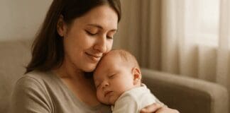 Mother cradling her sleeping newborn in a softly lit living room, symbolizing concern about why is my milk supply decreasing