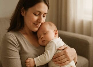 Mother cradling her sleeping newborn in a softly lit living room, symbolizing concern about why is my milk supply decreasing