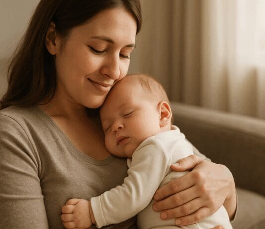 Mother cradling her sleeping newborn in a softly lit living room, symbolizing concern about why is my milk supply decreasing