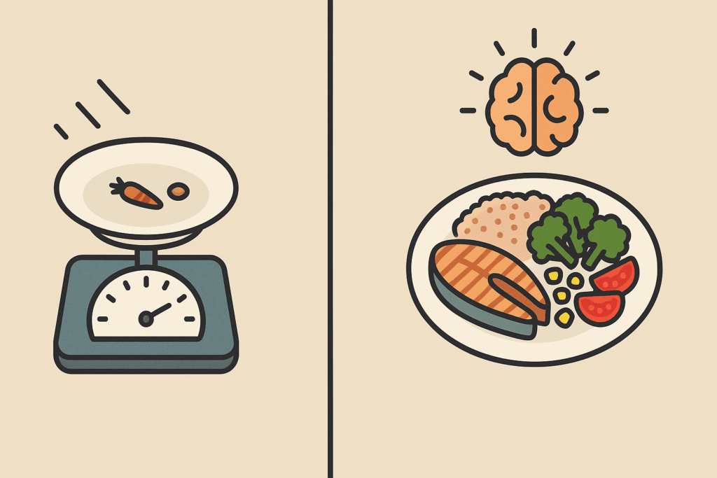 Split-screen infographic comparing two weight loss methods: a tiny portion on a scale vs. a balanced meal, exploring will eating less make you lose weight.