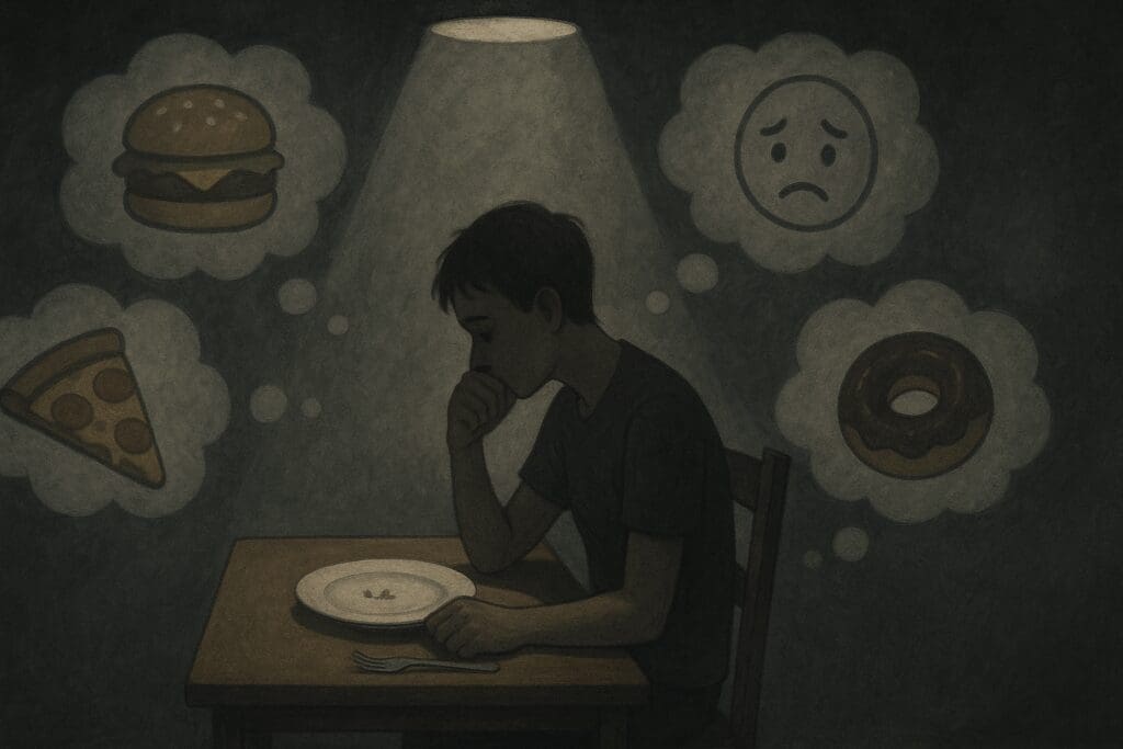 Person sitting alone at a dinner table under a spotlight, surrounded by thought bubbles showing food cravings and emotions, illustrating the psychological struggle behind the question will eating less make you lose weight.