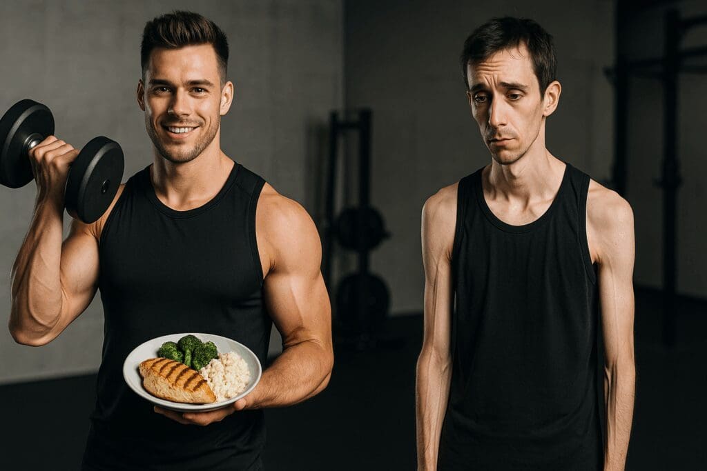 Fit man lifting dumbbell and holding protein meal beside fatigued man with muscle loss in gym, illustrating will eating less make you lose weight.