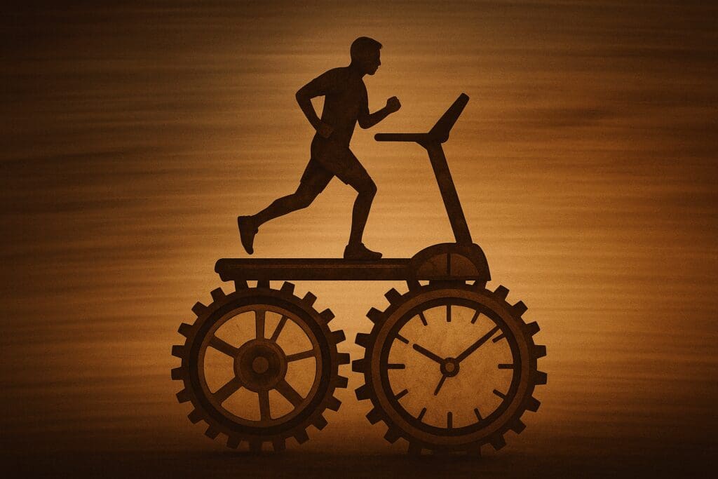 Person running on a treadmill made of clock gears, symbolizing slow metabolism and asking will eating less make you lose weight