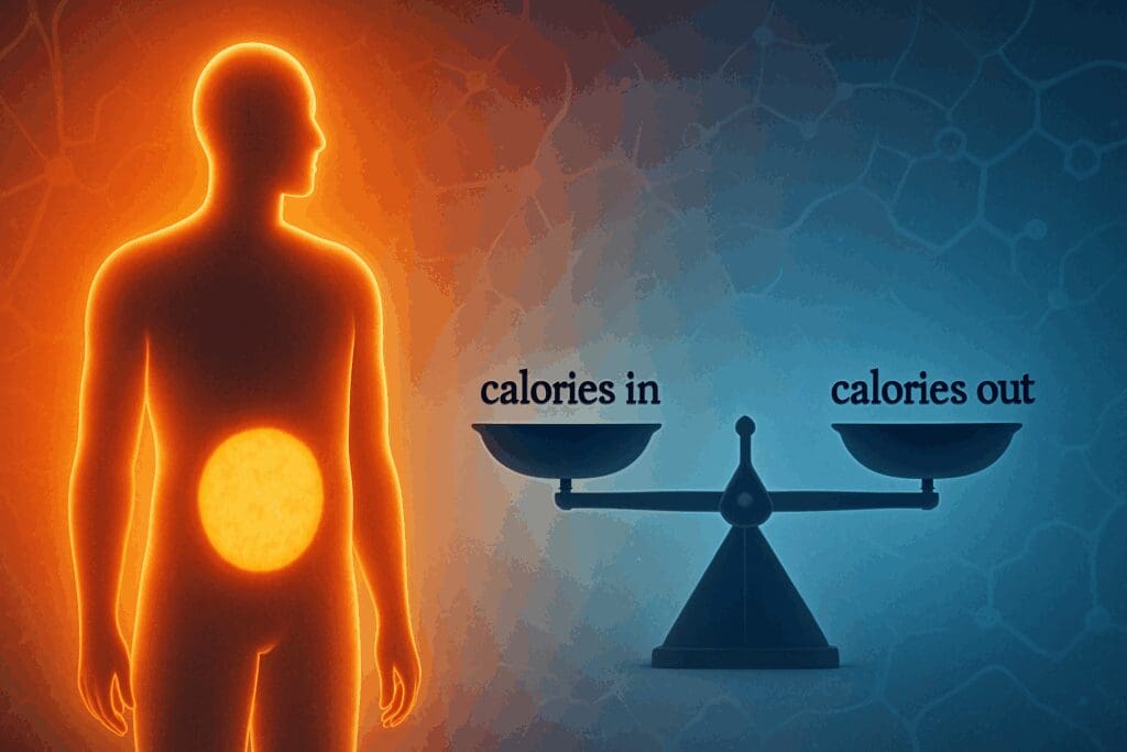 Stylized human silhouette showing fat loss with a balanced calories in vs. calories out scale, visualizing the concept will eating less make you lose weight