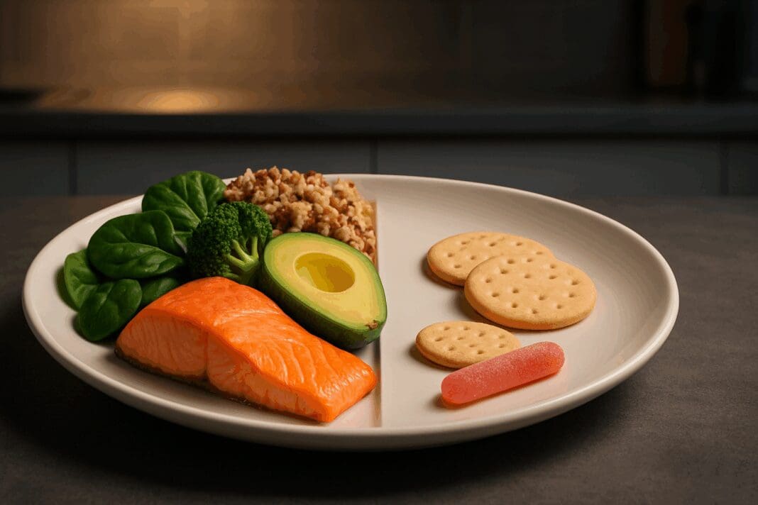 Balanced dinner plate comparing whole foods and processed snacks, visualizing the question: will eating less make you lose weight