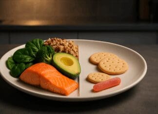 Balanced dinner plate comparing whole foods and processed snacks, visualizing the question: will eating less make you lose weight