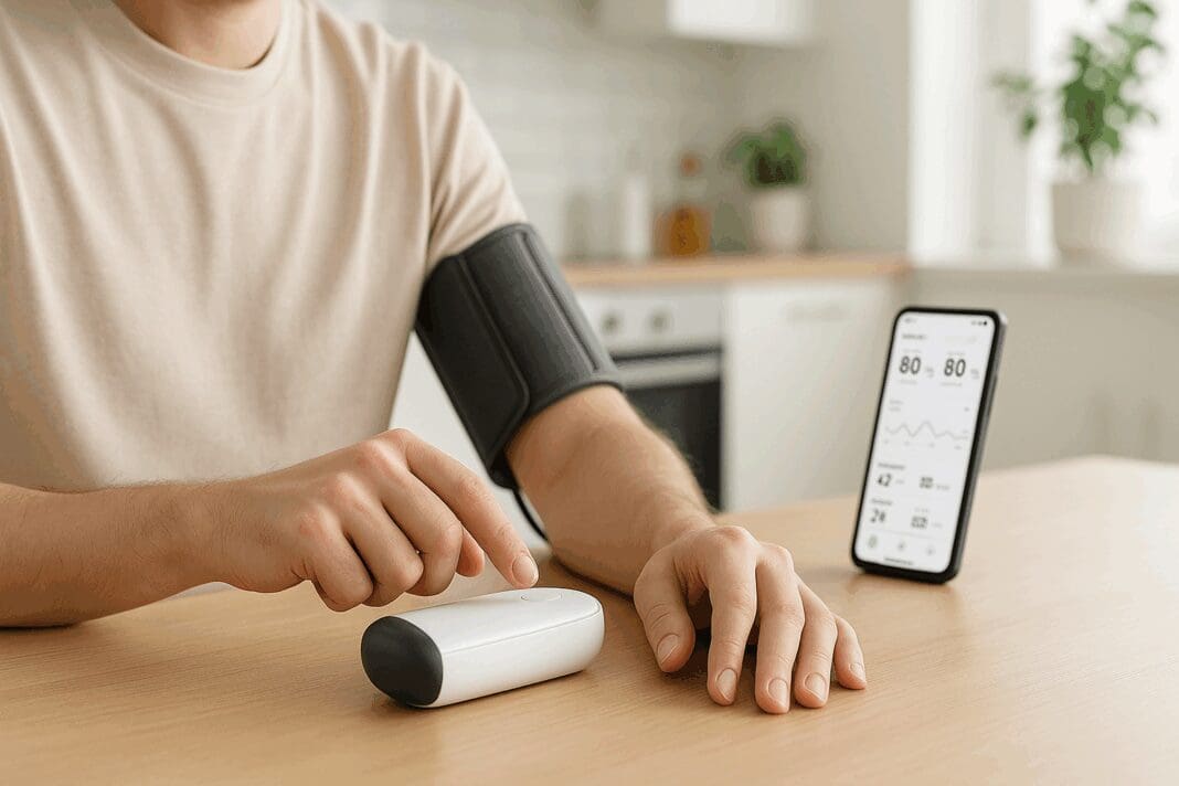 Person using a rechargeable blood pressure machine at a kitchen table with health data displayed on a nearby smartphone.