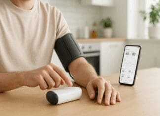 Person using a rechargeable blood pressure machine at a kitchen table with health data displayed on a nearby smartphone.
