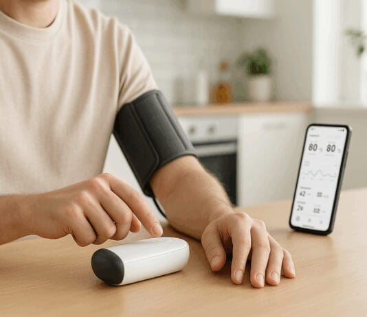 Person using a rechargeable blood pressure machine at a kitchen table with health data displayed on a nearby smartphone.