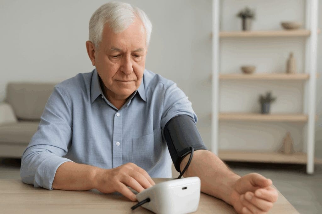 Senior man using a rechargeable blood pressure machine at home in a calm, well-lit living room setting

