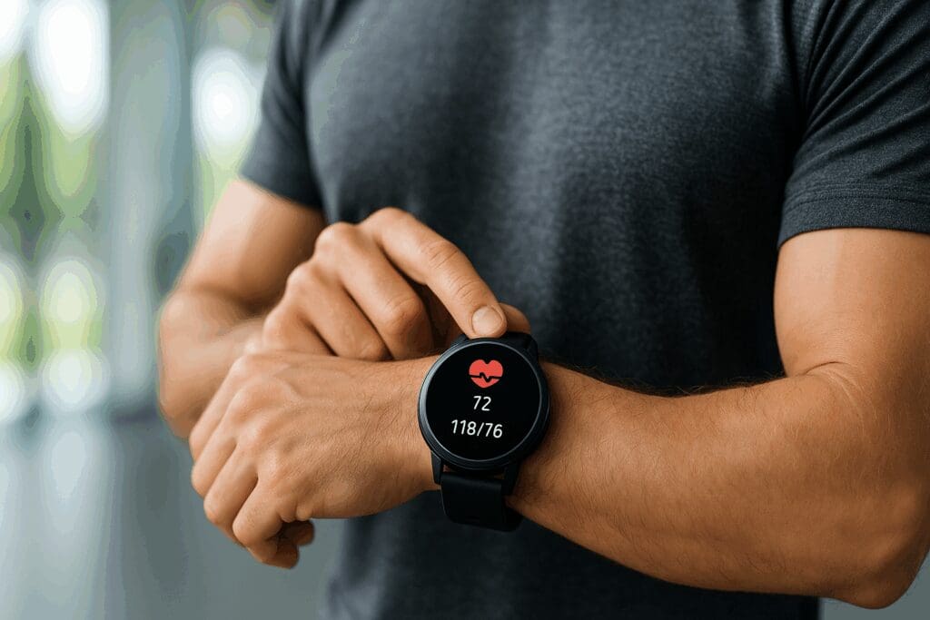 Man checking health stats on a smartwatch with heart rate and blood pressure display, illustrating a wearable alternative to a rechargeable blood pressure machine.
