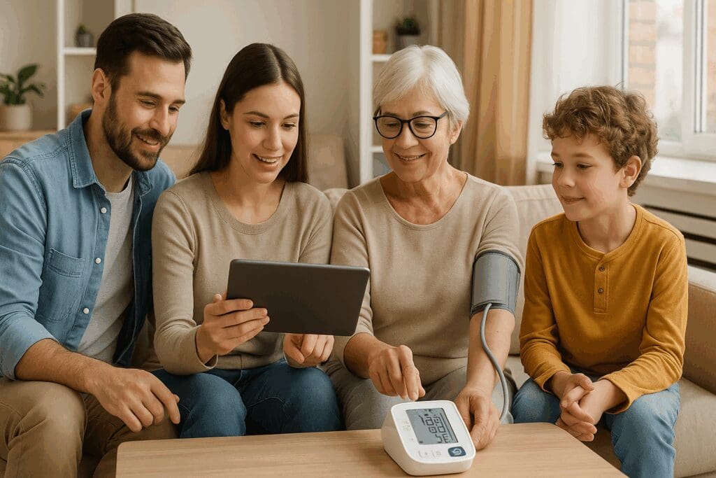 Multigenerational family in a living room using a rechargeable blood pressure machine while viewing shared health data on a tablet.