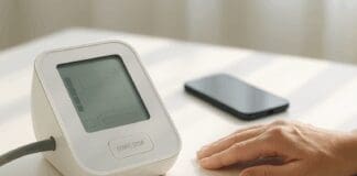 Modern and digital blood pressure monitor on white table beside resting hand and smartphone in natural daylight