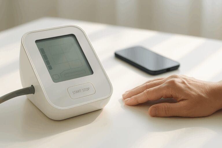 Modern and digital blood pressure monitor on white table beside resting hand and smartphone in natural daylight