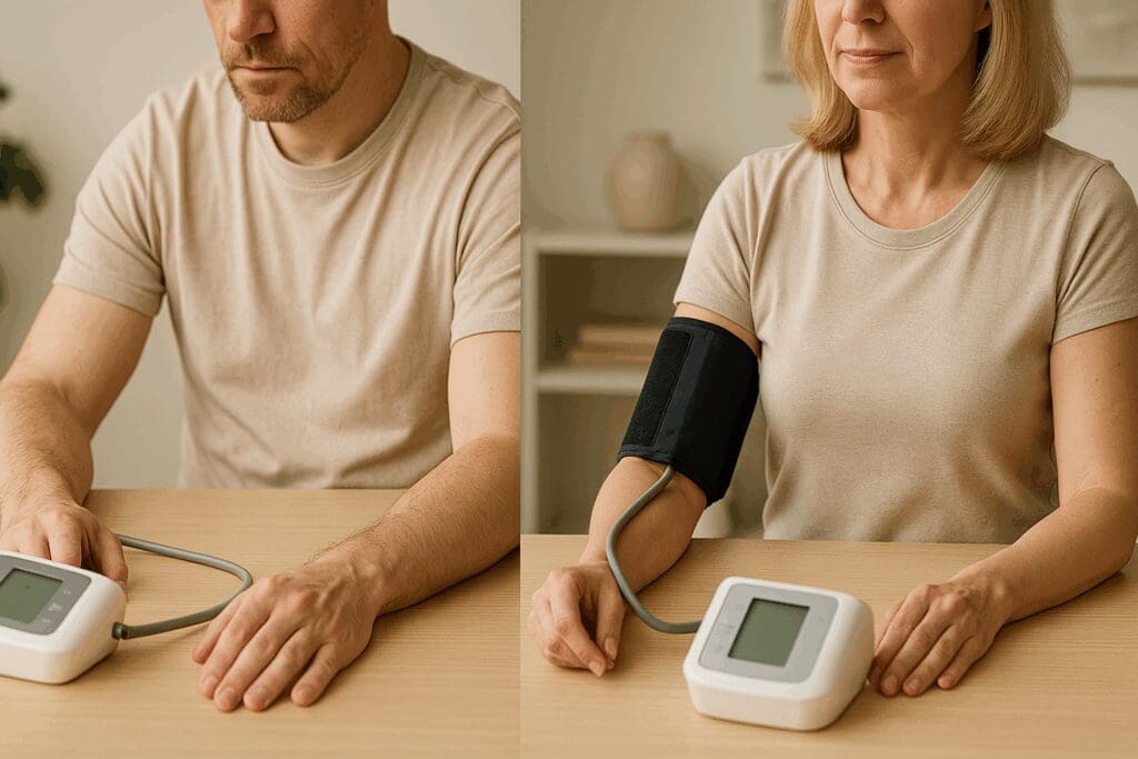 Side-by-side comparison of incorrect forearm cuff use and proper upper arm placement with a digital blood pressure monitor on a table