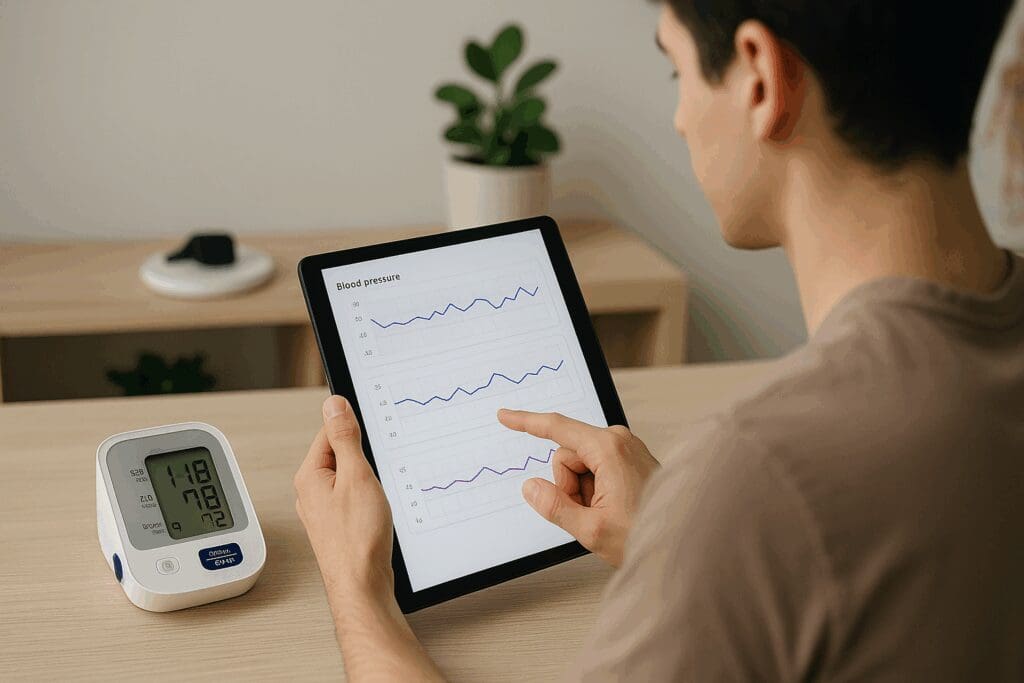 Young adult checking health data trends on a tablet next to a smart home setup and digital blood pressure monitor.