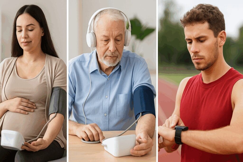 Pregnant woman, elderly man, and young athlete each using a digital blood pressure monitor suited to their health needs