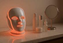 LED face mask glowing red on a marble vanity with skincare products, illustrating how to use face light therapy at home