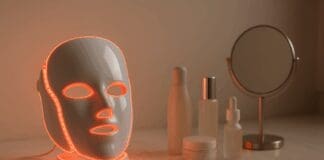 The Expert’s Guide to How to Use Face Light Therapy for Powerful Skin Rejuvenation LED face mask glowing red on a marble vanity with skincare products, illustrating how to use face light therapy at home