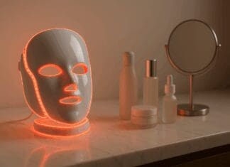 The Expert’s Guide to How to Use Face Light Therapy for Powerful Skin Rejuvenation LED face mask glowing red on a marble vanity with skincare products, illustrating how to use face light therapy at home