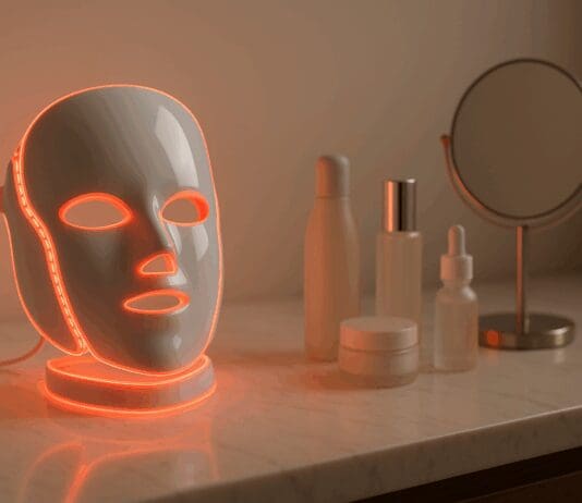 LED face mask glowing red on a marble vanity with skincare products, illustrating how to use face light therapy at home