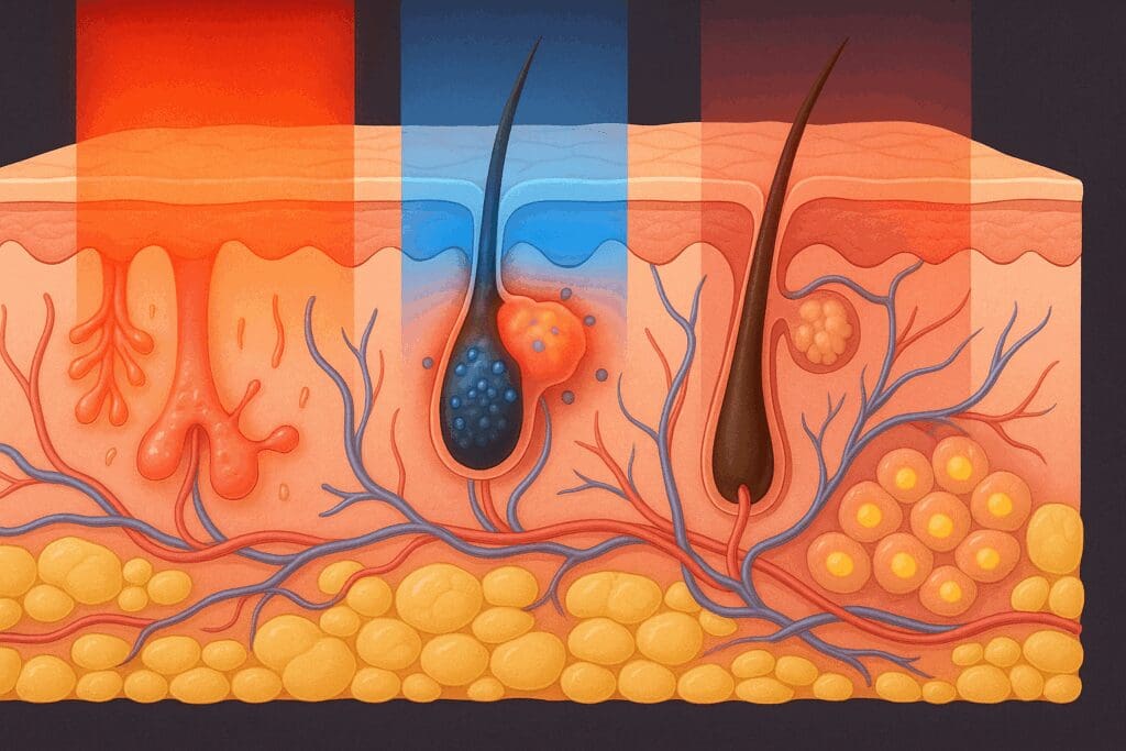 Cross-sectional diagram showing how to use face light therapy with red, blue, and near-infrared LED wavelengths penetrating skin layers for collagen, acne, and cellular repair.