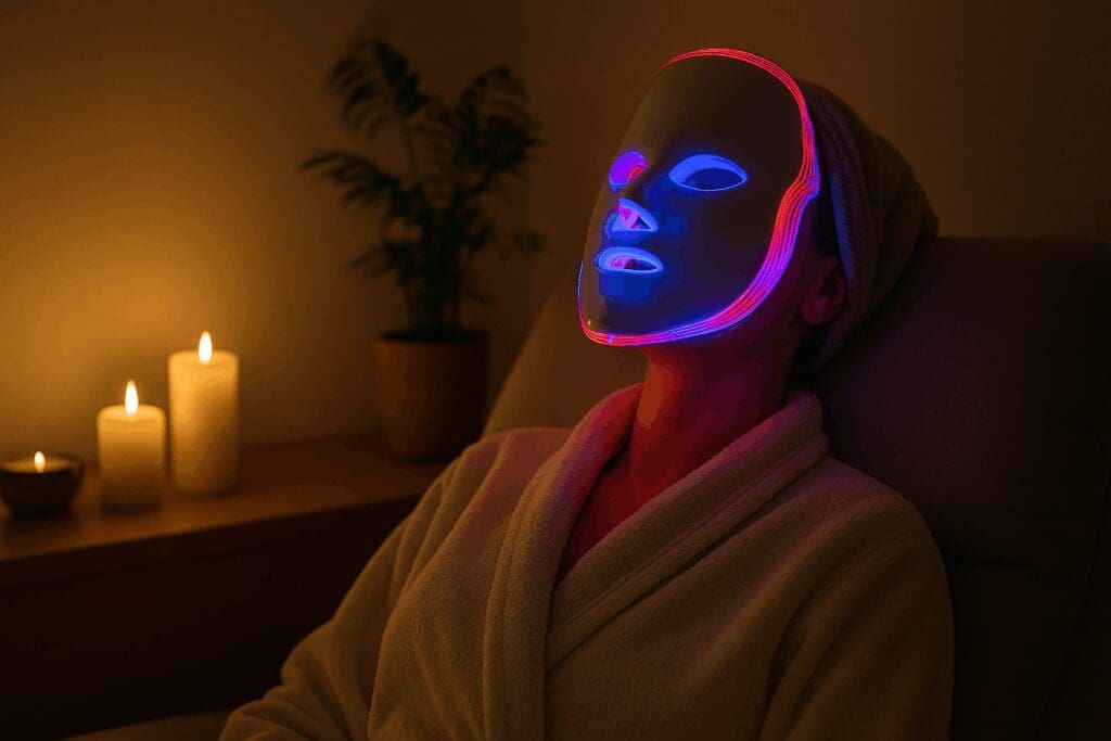 Woman relaxing at home wearing a red and blue LED mask, showing how to use face light therapy for skin care benefits