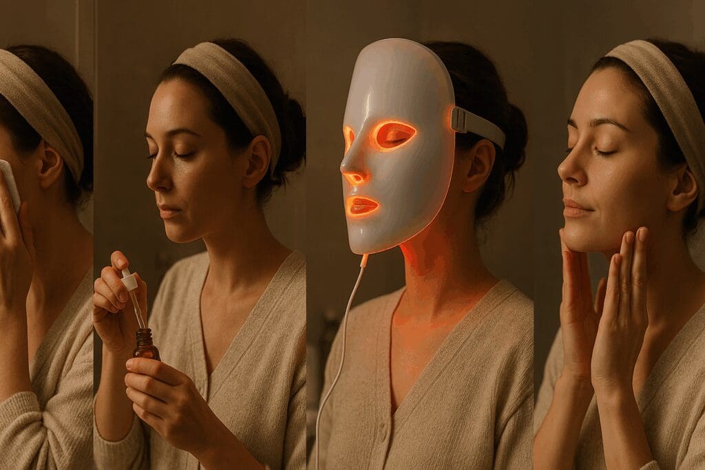 Four-step routine showing how to use face light therapy, from cleansing and serum to LED mask and moisturizing.