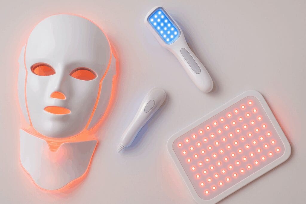 LED face mask, handheld wand, and light therapy panel glowing in red and blue, showing how to use face light therapy devices effectively.