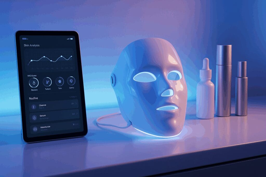 Smart vanity setup showing how to use face light therapy with an LED facial mask, skincare tracking app, and high-tech beauty products.