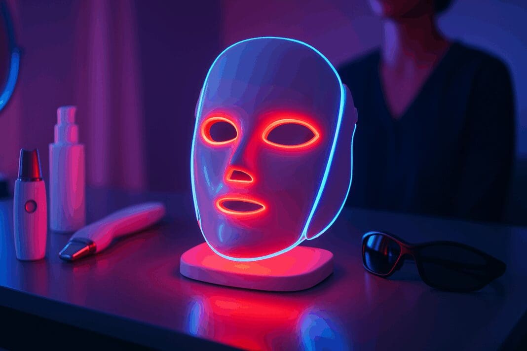 Futuristic LED face mask glowing red and blue on vanity table with skincare tools, illustrating the question are led face masks safe for eyes.