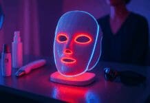 Futuristic LED face mask glowing red and blue on vanity table with skincare tools, illustrating the question are led face masks safe for eyes.
